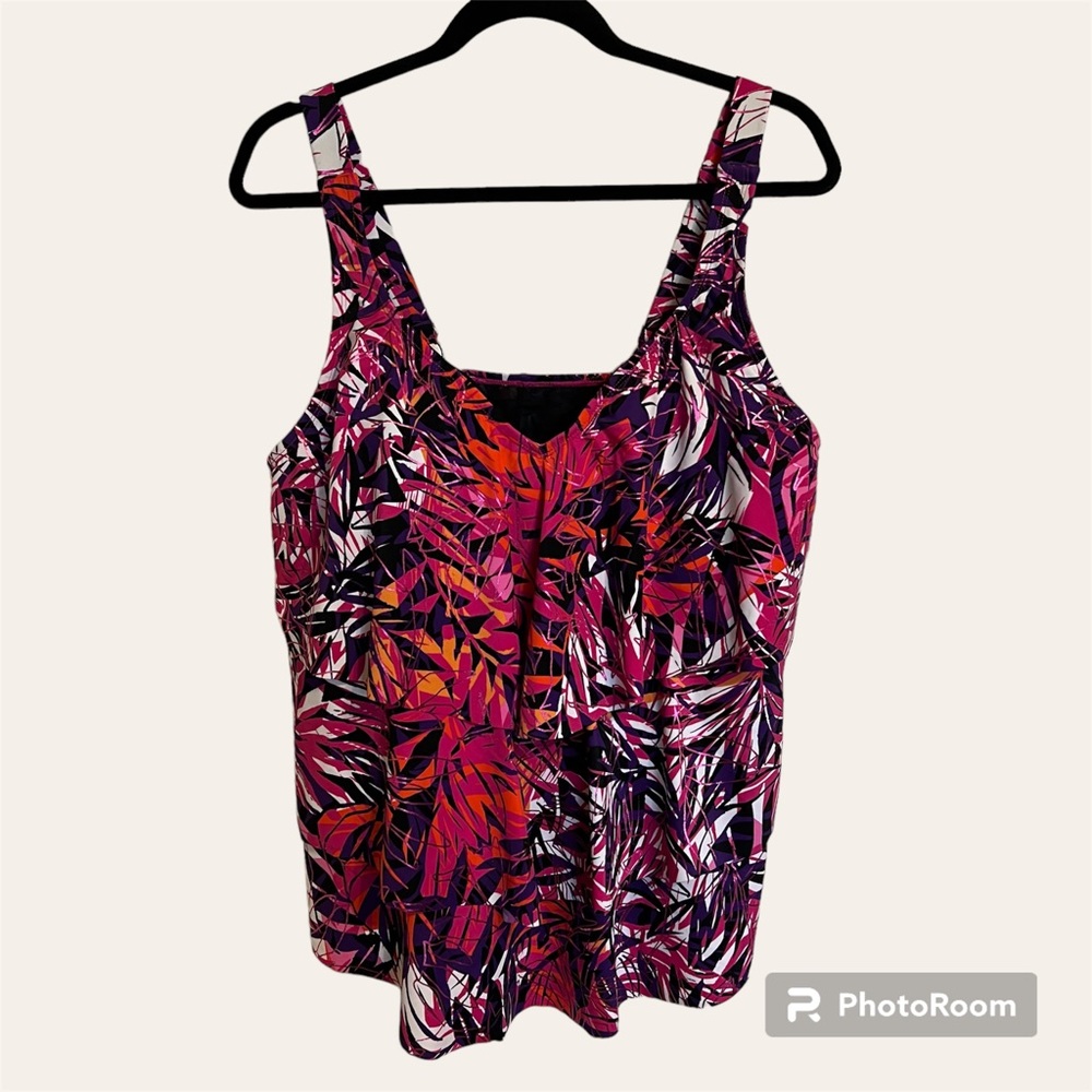 Catherines 18W Pink Orange Black White Abstract Print Tankini Top NWT